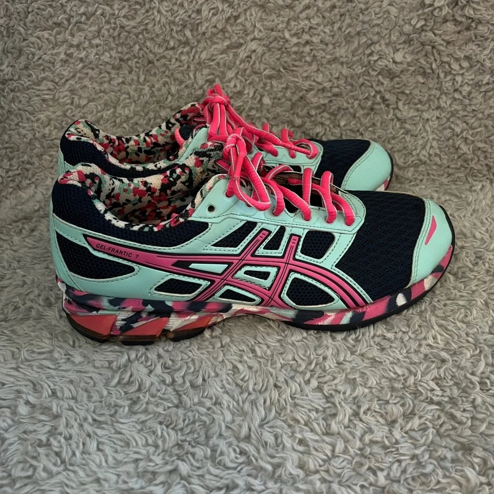 ASICS Gel-Frantic 7 Womens Running Shoes Size 6 Teal Pink‎ Mesh Camo T3A6Q